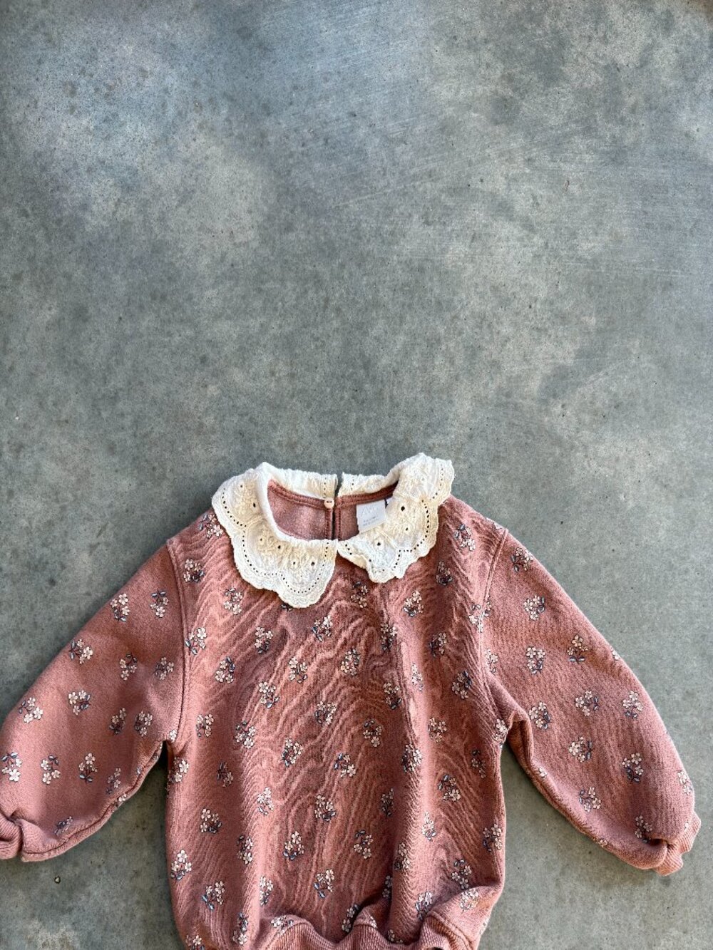 Zara Girls 4Y Pink Floral Fleece Sweatshirt Eyelet Lace Collar